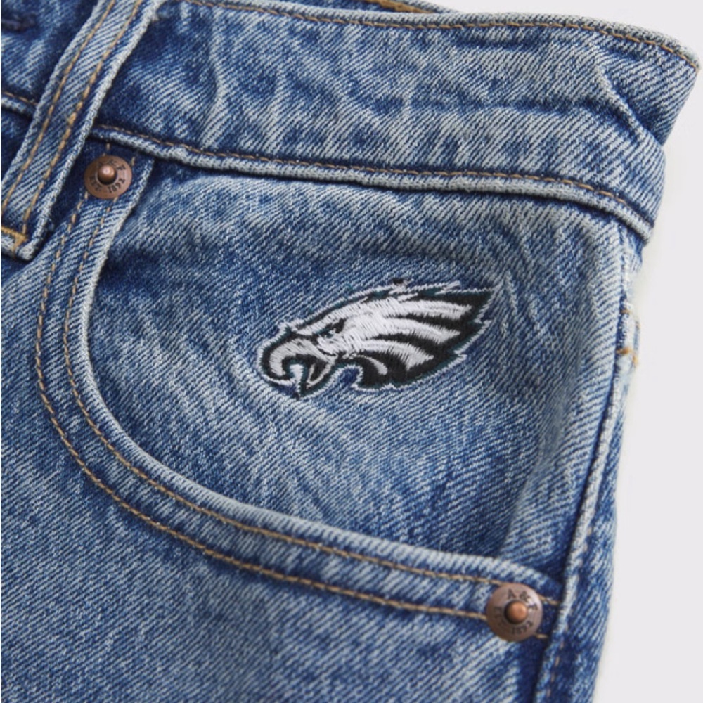 A&F NFL Curve Love High Rise 90s Relaxed Philadelphia Eagles Embroidered Jeans